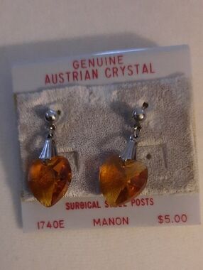 Genuine Austrian Crystal Heart Drop Earrings in Amber